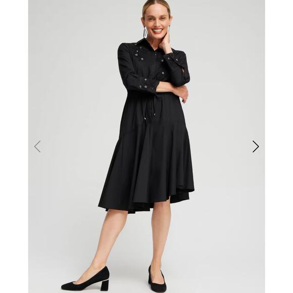 Chico's Whimsigoth Poplin Lace Grommet Midi Dress Black Sz 6 asymmetrical Witchy - Picture 2 of 11